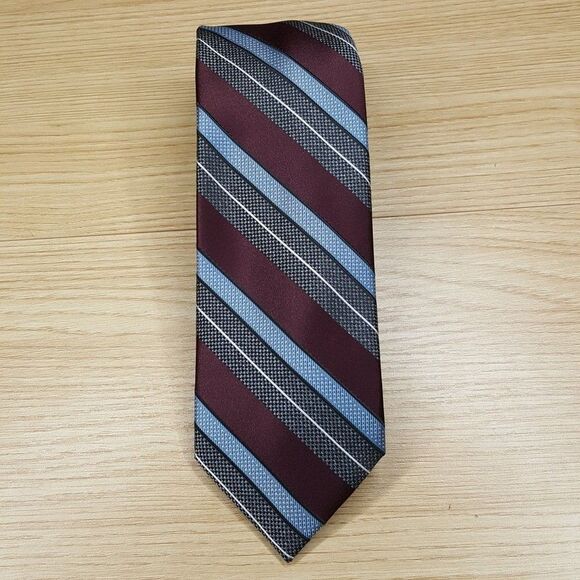 PERRY ELLIS Mens Neck Tie Burgundy Blue Stripe Classic Pointed - Picture 2 of 6